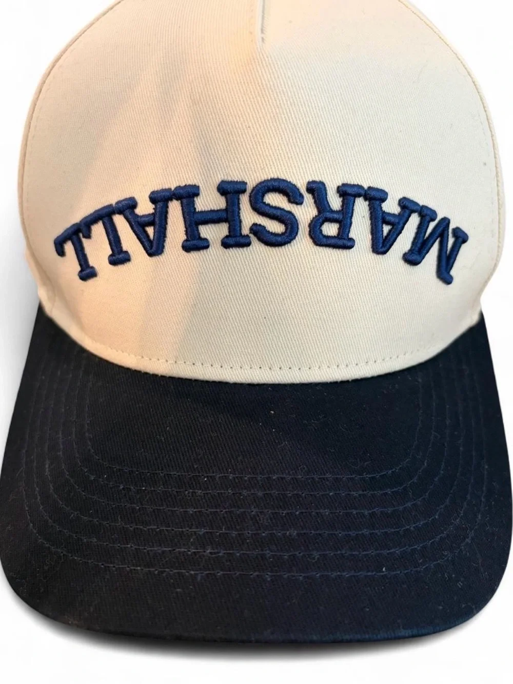 Marshall upside-down logo snapback hat cream + navy blue two tone baseball cap